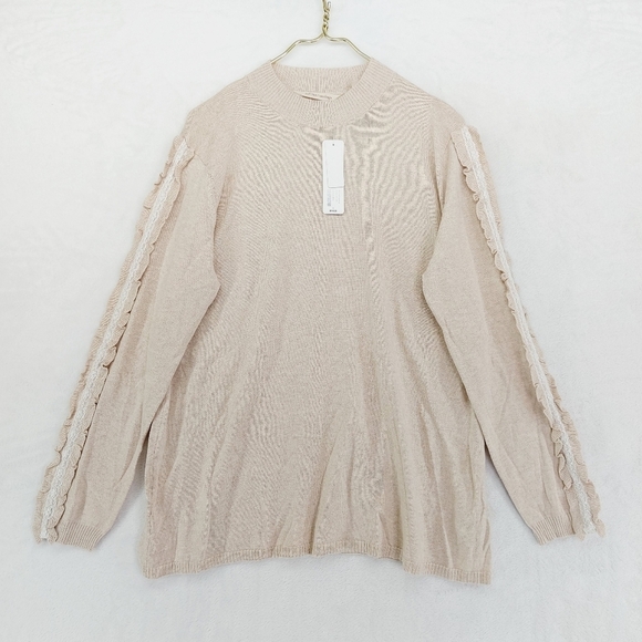 New Soft Surroundings Cream Tan Ruffle Sleeve Crewneck Cozy Sweater P5236 - Picture 2 of 10